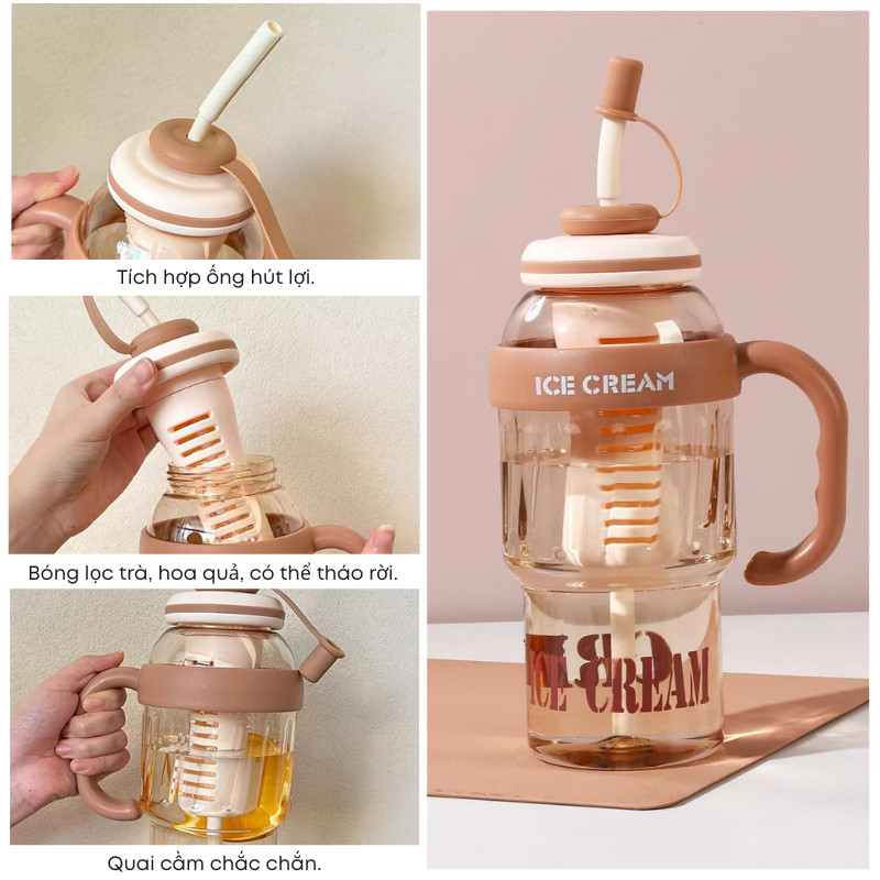 Bình Nước Nhựa 1400ml Có Ống Hút, Quai Cầm, Lọc Trà Detox Khóa Chặt Không Rò Rỉ Mang Đi Tập Gym, Đi Học, Đi Làm | 267