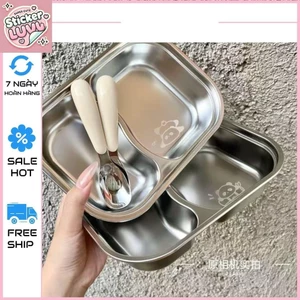 Khay ăn dặm 2 ngăn inox 316 Cao Cấp cho bé kèm thìa kích thước 22x15x6c