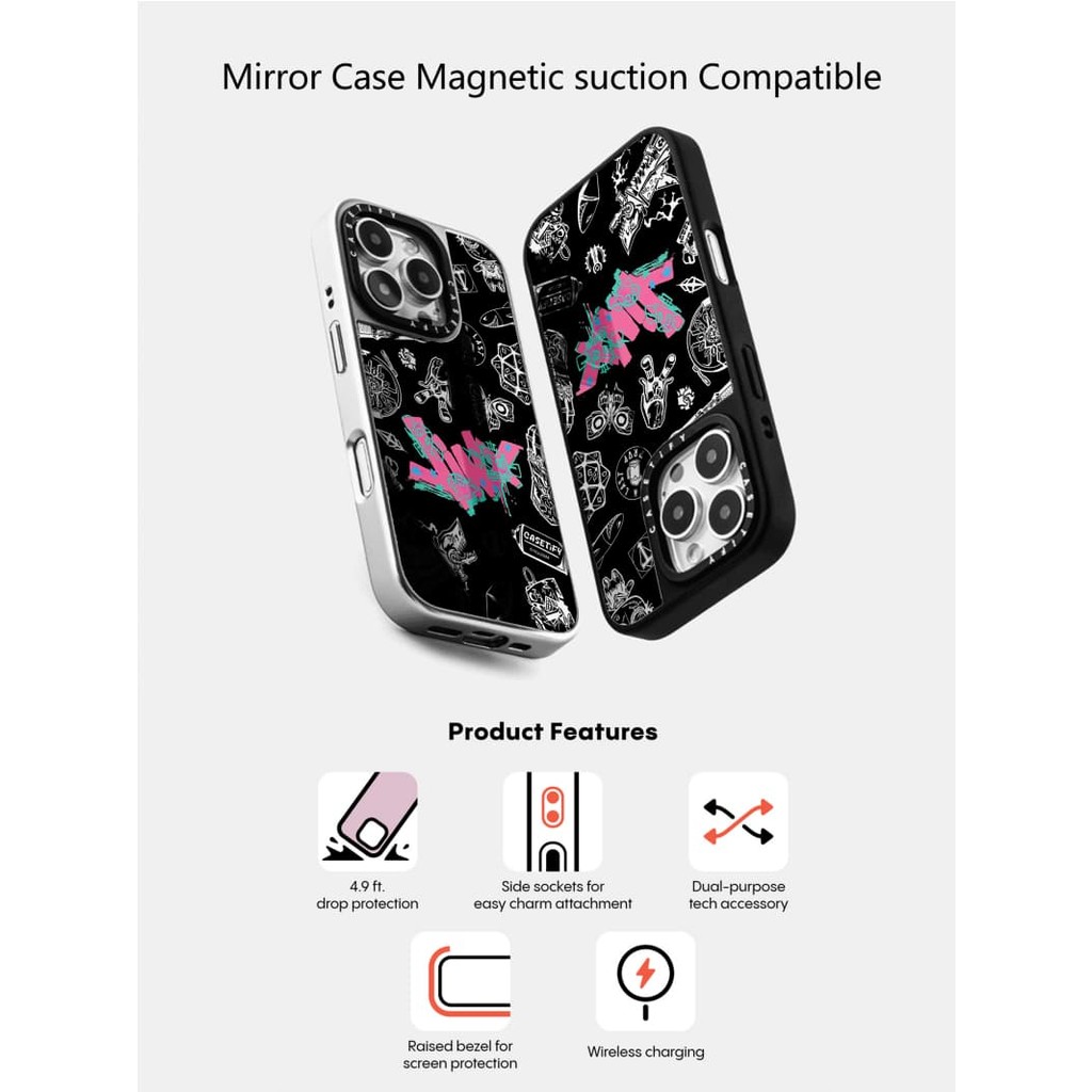 CASETiFY X ARCANE Jinx Icon Case hút từ tính Vỏ IPhone gương đen & bạc IPhone 16 15 14 13 12 Pro Max Plus Ốp điện thoại cứng có hộp khắc logo