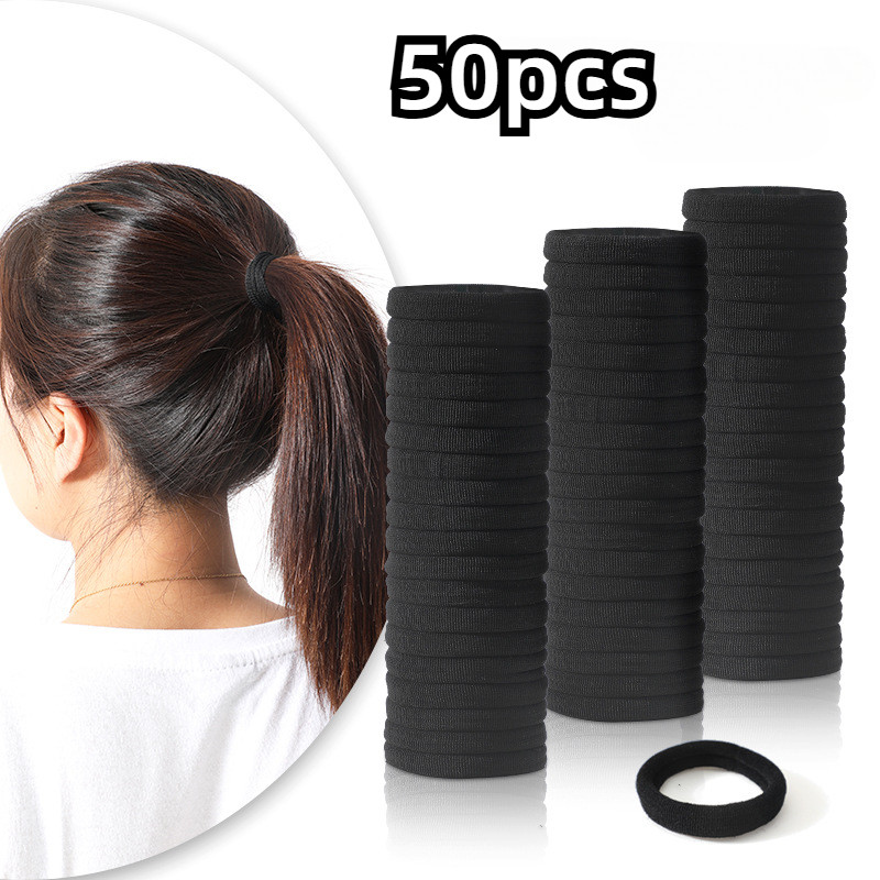 Set 50 Dây Buộc Tóc Cao Su Co Đen Giãn Đơn Giản Thời Trang Hàn Quốc - Phụ Kiện Tóc