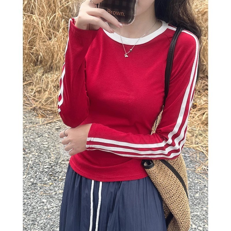 Milyfashion  Dralon American Striped Shoulder Long Sleeve Red T T-shirt round Neck Early Autumn Slim-Fitting New Bottoming Hot Girl Short Top