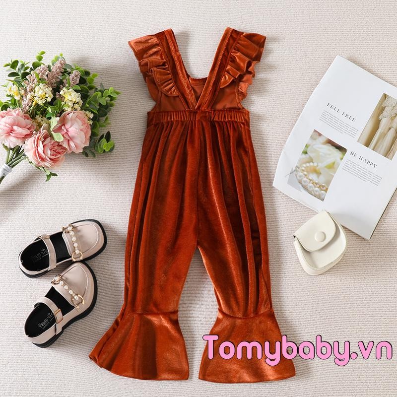 Trẻ Em Bé Gái Thu Đông Áo liền quần Ruffle Tay Nhung Một Mảnh Suspender Quần loe