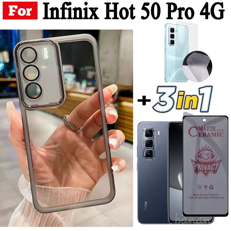 3 trong 1 Infinix Hot 50 Pro 50i 50 4G 5G TPU Mềm Silicon Trong Suốt Vỏ Điện Thoại Có Camera Bảo Vệ Mặt Sau + Kính Cường Lực Riêng Tư + Phim Mặt Sau