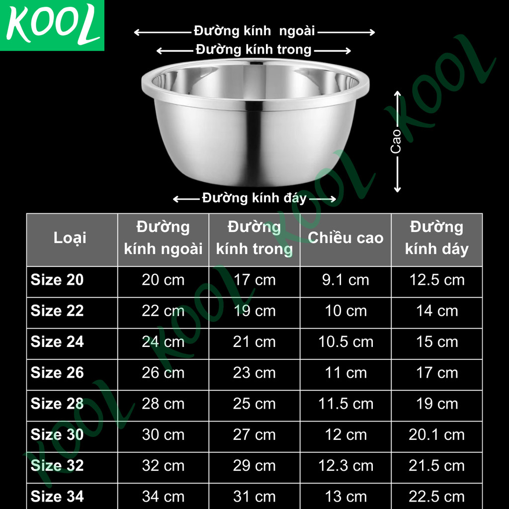 Thau inox đa năng KOOL RB20118 chậu rổ inox, thao trộn rửa rau nhiều size