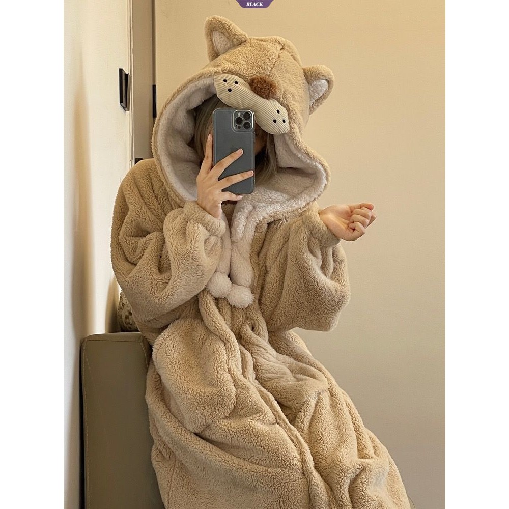 Little Lion Kirby Coral Fleece Bộ Đồ Ngủ Nữ Mùa Đông Đệm Dày Flannel Có Mũ Trùm Đầu Ấm Áp Mặc Ở Nhà Áo [BL]