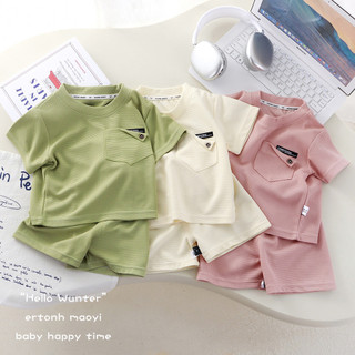 (6m-8Y) Bộ trang phục bé trai 2 món Waffle Cổ tròn tay ngắn thêu chữ + Quần Short lưng co giãn Quần áo thời trang thông thường