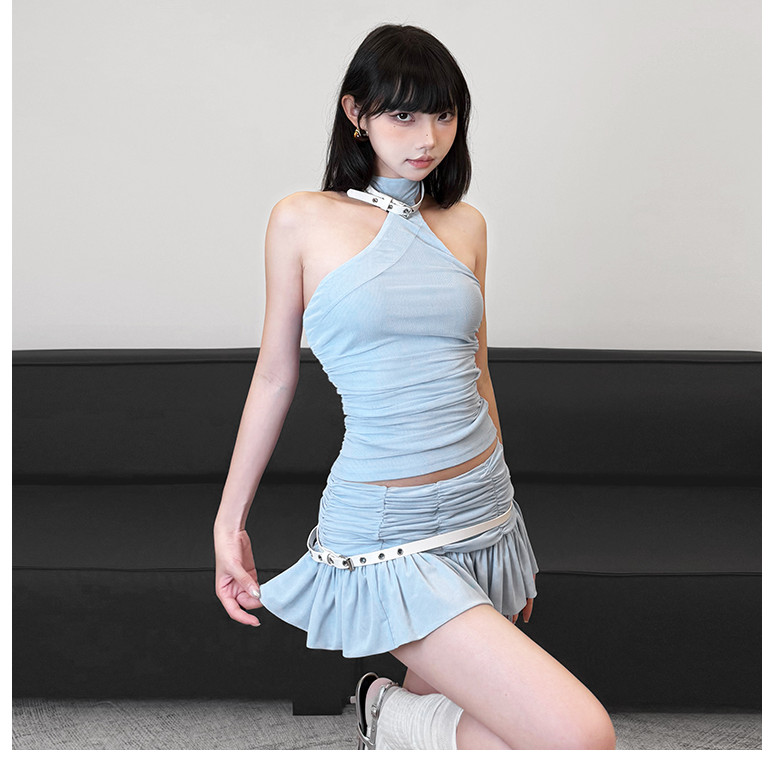 Klalien Hai Mảnh Bộ Dây Tắt Tay Skinny Backless Vest Ruched Cá Tính Váy Đa Năng Thời Trang Hot Nữ