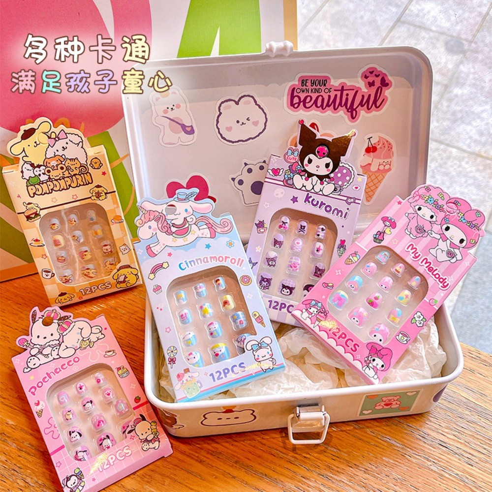 Combo 6 hộp móng tay giả Nail hoạ tiết hoạt hình Kuromi Kitty Cinamoroll xinh xắn có sẵn keo dính cho bé gái