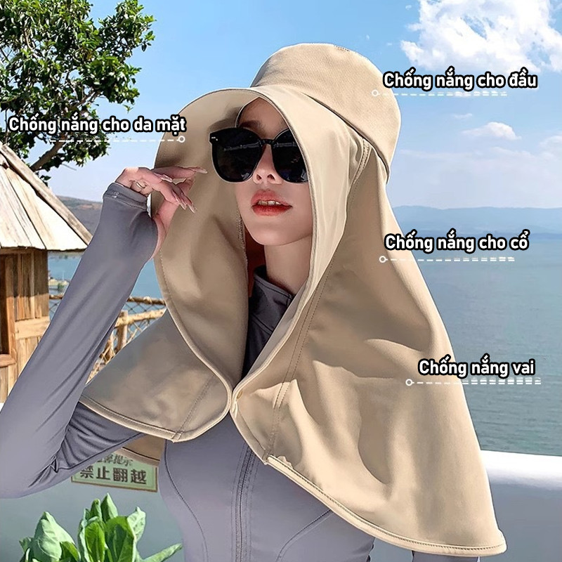 Mũ Chống Nắng Vành Rộng,Mũ Trùm Đầu Nữ Vải Cotton Chống Tia UV UPF50+,Che Mặt Cổ Toàn Diện
