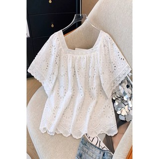 M-4XL Size Lớn Top Nữ Phong Cách Pháp Cổ Vuông Ren Áo Sơ Mi Tay Ngắn Mùa Hè 2025 Màu Trơn Rỗng Rời Ngắn Kích Thước Hàng Đầu Mỡ mm Bao Bụng Nữ Tay Ngắn Top Size Lớn Quần Áo Nữ