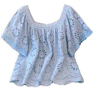 M-4XL Size Lớn Top Nữ Phong Cách Pháp Cổ Vuông Ren Áo Sơ Mi Tay Ngắn Mùa Hè 2025 Màu Trơn Rỗng Rời Ngắn Kích Thước Hàng Đầu Mỡ mm Bao Bụng Nữ Tay Ngắn Top Size Lớn Quần Áo Nữ
