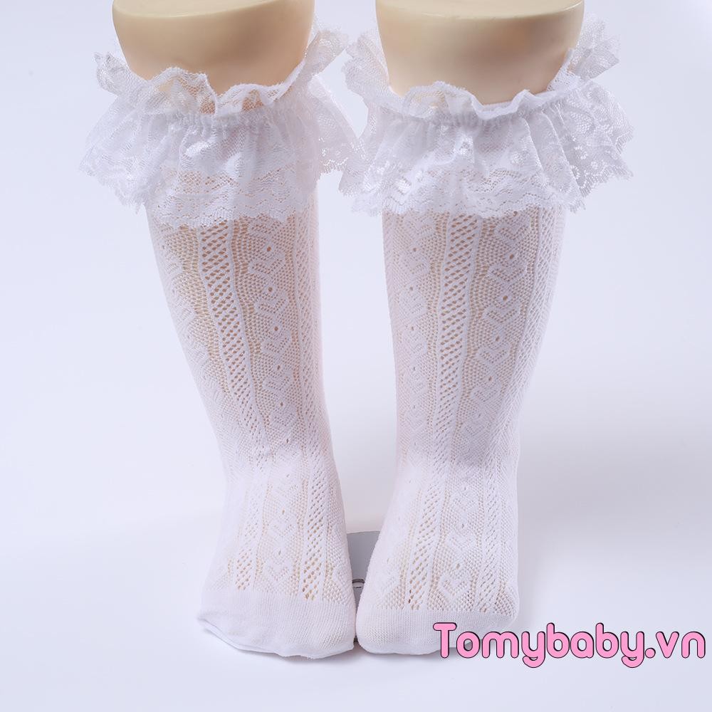 Bé Gái Đầu Gối Cao Tất Ren Trái Tim Nơ Họa Tiết Co Giãn Bền Dễ Thương Thoải Mái Tất