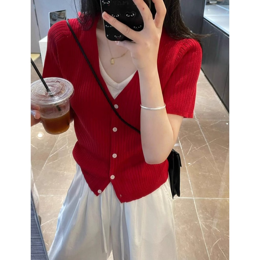 SUXI Áo thun nữ cổ chữ V màu xanh mùa hè đơn giản 250419