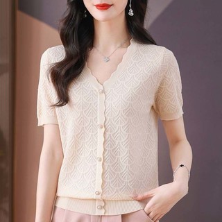 Áo thun ngắn tay cao cấp 2025 Nữ mùa hè Phong cách mới Áo dệt kim mỏng phong cách hàng đầu Phong cách mới Cổ chữ V phong cách phương Tây Áo sơ mi nhỏ dáng rộng Phong cách ngắn Hợp thời trang