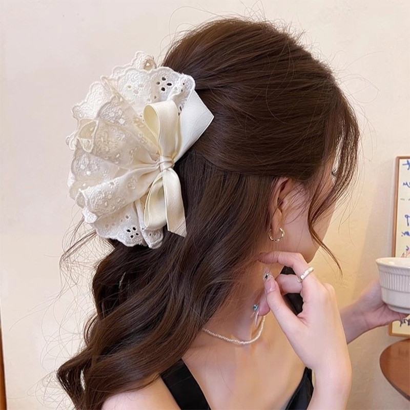 YT2 Mũ Phụ Kiện Tóc Kẹp Tóc Lớn Phong Cách Pháp Ren Phong Cách Nơ Màu Trơn TY2