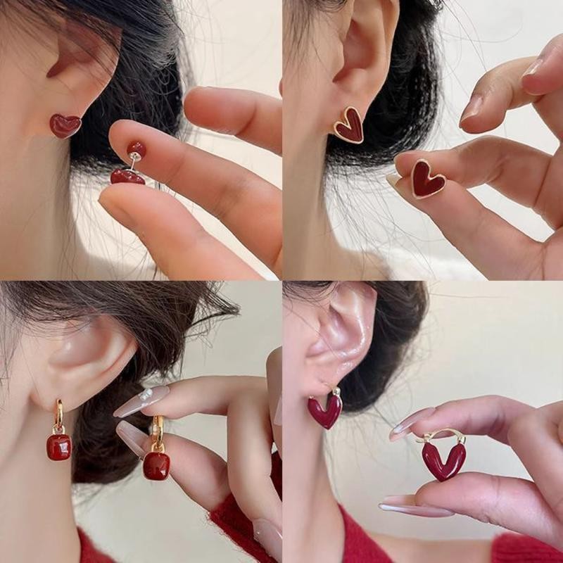 Bông tai trái tim tình yêu nhỏ giọt dầu đỏ cổ điển màu trắng