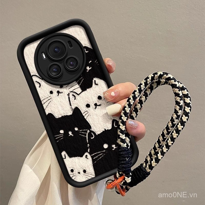 Ốp điện thoại dành cho Huawei Honor Magic 6 5 4 Pro Ốp bảo vệ bao gồm tất cả dây đeo tay ống kính mèo trắng đen nkr7