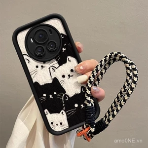 Ốp điện thoại dành cho Huawei Honor Magic 6 5 4 Pro Ốp bảo vệ bao gồm tất cả dây đeo tay ống kính mèo trắng đen nkr7