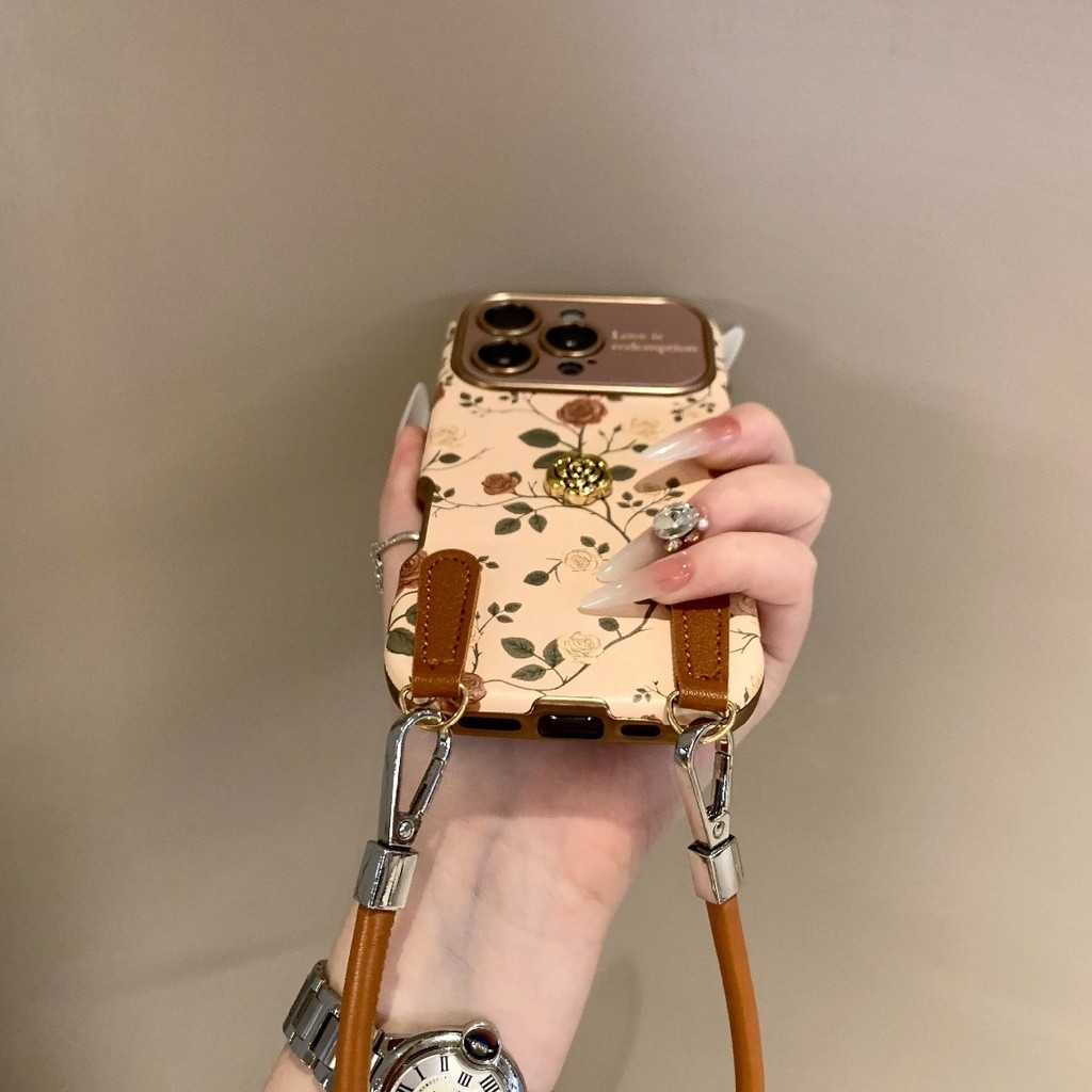 Ốp điện thoại mẫu mới 16 hoa hồng da ba chiều dây đeo iPhone15ProMax 14 chống rơi 13 Nữ 12