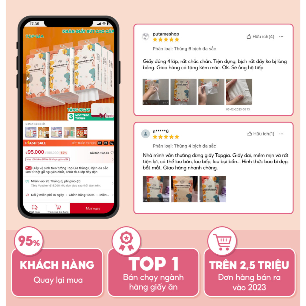 Thùng 6 bịch khăn giấy rút Top Gia treo tường đa sắc 1280 tờ, được dập vân 4D, siêu dai và mềm mịn