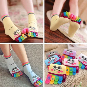 Cotton nguyên chất hoạt hình dễ thương mặt cười tất năm ngón tay phù hợp cho bé gái đi học ngoài trời thấm mồ hôi xẻ ngón chân