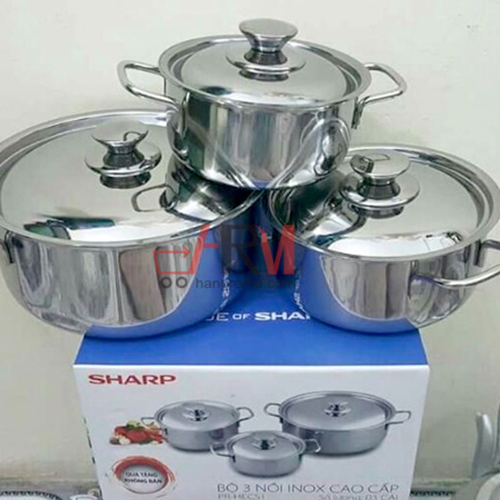 Bộ 3 Nồi Inox Sharp Cao Cấp Hấp Thu Nhiệt Nhanh Dùng Cho Mọi Loại Bếp