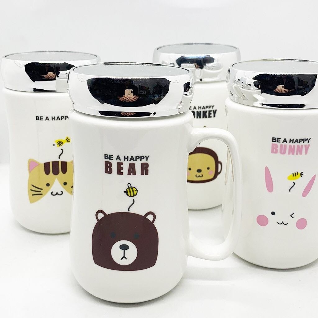Cốc sứ giữ nhiệt có quai cầm,ca sứ uống nước nắp đậy tráng gương 400ml