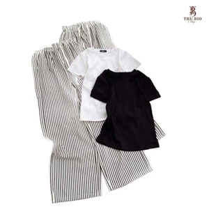 Sét Bộ Quần Đũi Xốp Kẻ Sọc Vằn + Mix Áo Thun Tăm Croptop trơn Dáng Ngắn-THU BIO98