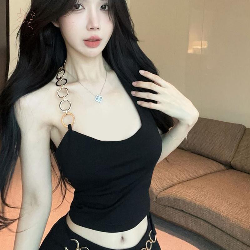 Hnkmp Mùa Hè Hot Girl Thời Trang Sang Trọng Nhẫn Kim Loại Dây Cổ Không Tay Slim Camisole.