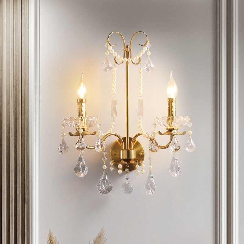 Phong Cách Trung Cổ Giả Nến Kim Loại Sconce, Đèn Tường Pha Lê Sáng Tạo, Phòng Ngủ Phòng Khách Cầu Thang Đèn Trang Trí