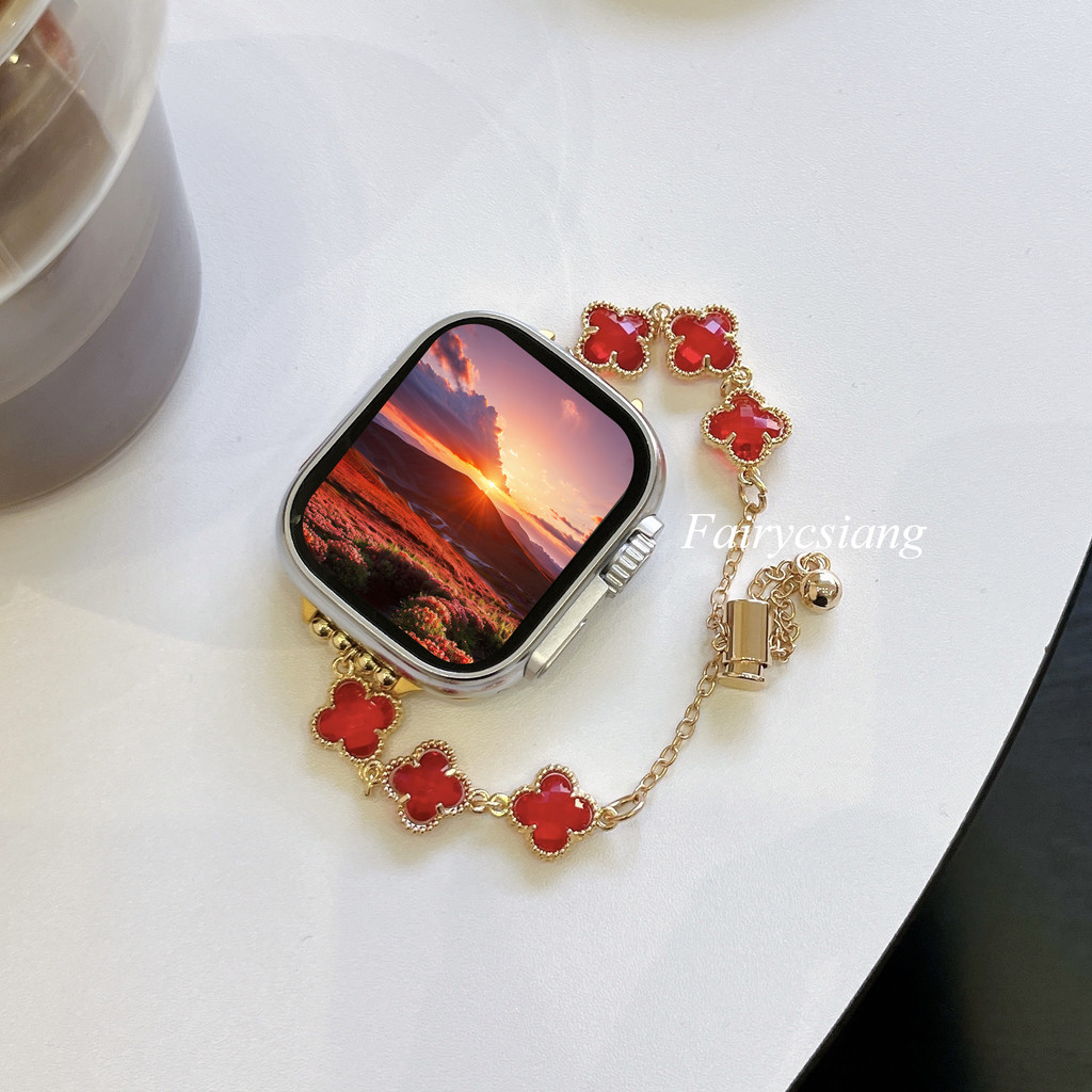 Dây đeo đồng hồ nữ có hạt cỏ ba lá mới cho Apple Watch Series 10 46MM 38 40 41 42 44 45 46 49mm cho vòng đeo tay iwatch 10 9 8 7 6 SE