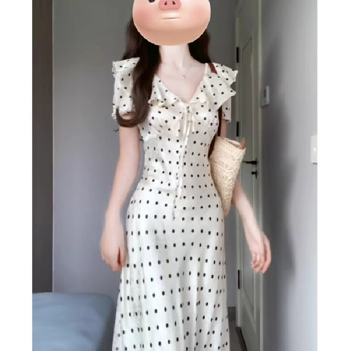 Đầm tay phồng chấm bi kiểu Pháp cho phụ nữ, kỳ nghỉ hè bãi biển, eo nhẹ nhàng, đầm nhỏ thanh lịch