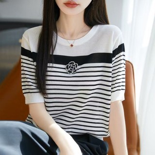 Camellia Màu Sắc Tương Phản Ngắn Tay Dệt Kim Nữ Xuân Hè Lyocell Cổ Tròn Sọc Áo Thun Top Light Loose Đơn Giản