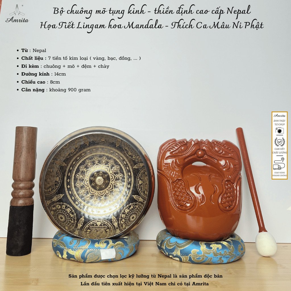 [Amrita] Bộ chuông mõ tụng kinh - thiền định cao cấp Nepal Họa Tiết Lingam hoa Mandala - Thích Ca Mâu Ni Phật