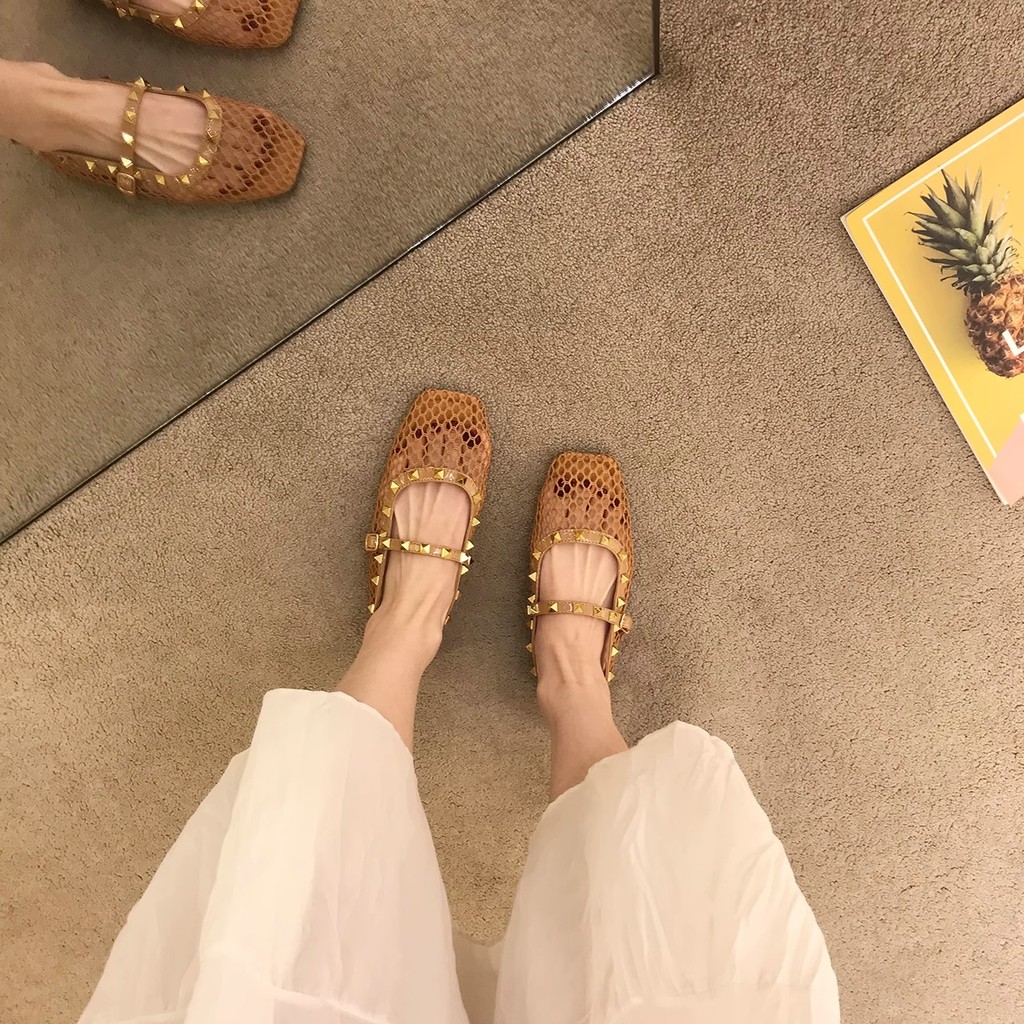 Atikota Rỗng Mary Jane Sandal Nữ Mũi Vuông Đế Bằng Thoáng Khí Nhẹ Giày Mùa Hè
