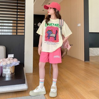 Bộ đồ mùa hè cho bé gái – Áo thun tay ngắn in họa tiết + Quần short thoải mái, phong cách Hàn Quốc