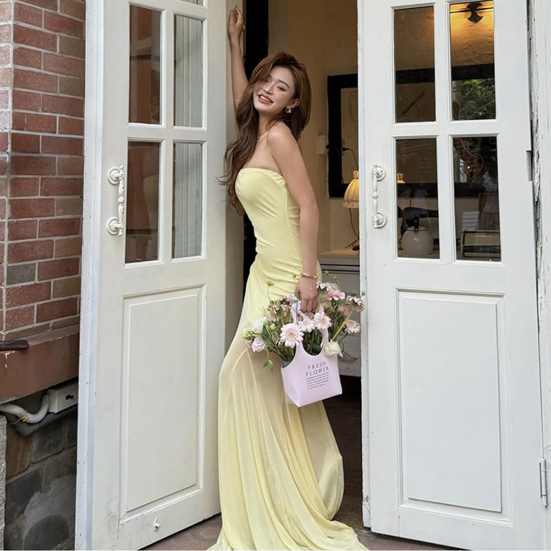 Klalian Ruched Đầm Thanh Lịch Nữ Gợi Cảm Không Dây Lưng Lưới Chắp Vá Xù Viền Nửa Đêm Cocktail Dự Tiệc Thời Trang
