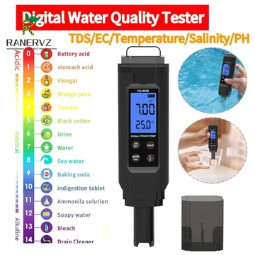 Bút thử nước gia đình RANERVZ, Máy đo chất lượng nước hiển thị kỹ thuật số LCD 5 trong 1, Máy kiểm tra PH đa chức năng Máy đo PH kỹ thuật số chống nước có độ chính xác cao Máy đo PH kỹ thuật số chống 
