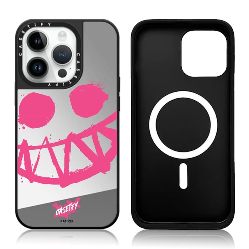 CASETiFY X Arcane Pink Smiley Face Case hút từ tính Vỏ IPhone gương đen & bạc IPhone 16 15 14 13 12 Pro Max Plus Ốp điện thoại cứng có hộp khắc logo
