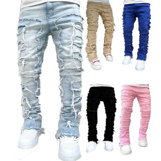 Quần ống đứng denim nam mới xuyên biên giới thời trang đường phố Âu Mỹ quần ống đứng denim vá co giãn mẫu hot Instagram