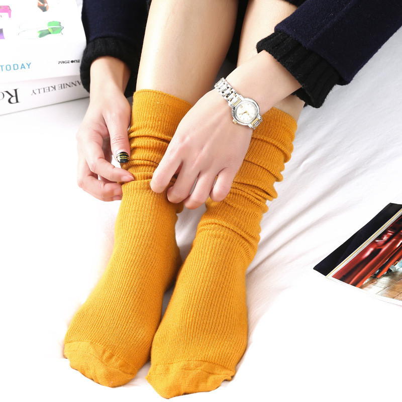 Mới Phong Cách Nhật Bản Cotton Màu Trơn Rời Dài Tất Cotton Đan Đen Trắng Cà Phê Tất Nữ
