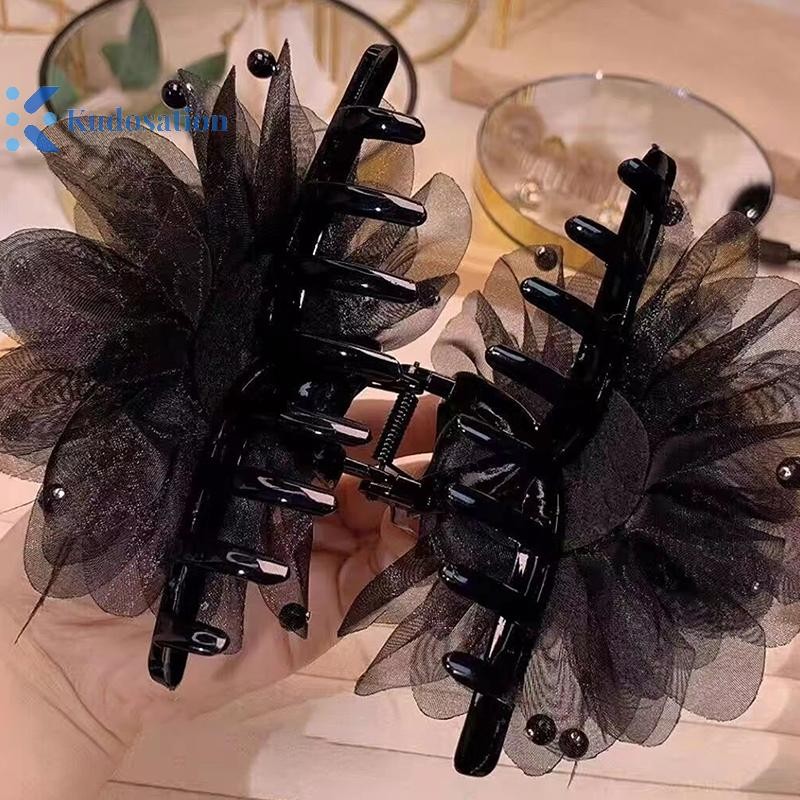 Kudosation Hàn Quốc Nữ Thời Trang Lưới Hoa Phụ Kiện Tóc Organza Ngọc Trai Đen Cầm Mũ