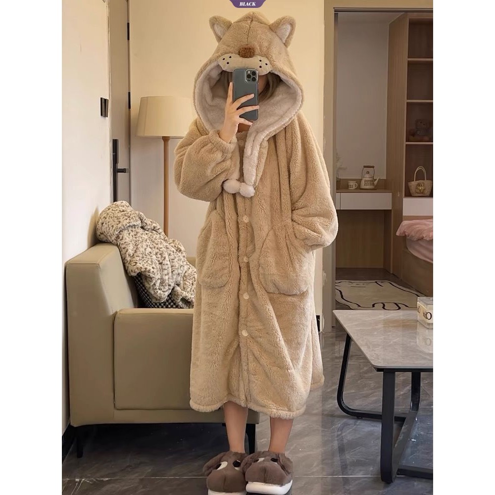 Little Lion Kirby Coral Fleece Bộ Đồ Ngủ Nữ Mùa Đông Đệm Dày Flannel Có Mũ Trùm Đầu Ấm Áp Mặc Ở Nhà Áo [BL]