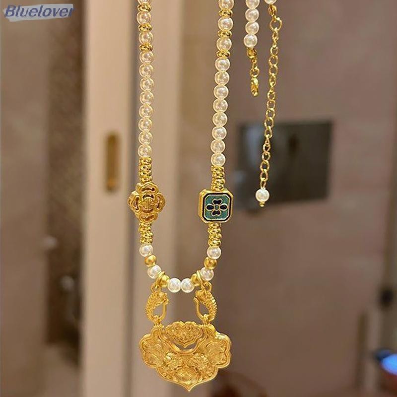 Bluelover Phong Cách Dân Tộc Rỗng Khắc Túi May Mắn Mặt Dây Chuyền Xanh Giả Ngọc Handmade Đính Hạt Vòng Cổ Dài Mới