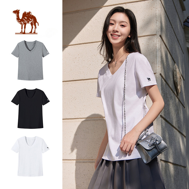 Ảnh Camel CROWN Áo thun ngắn tay nữ đáy áo sơ mi hot girl phong cách lười biếng cổ chữ V nguyên chất cotton thể thao hàng đầu 1