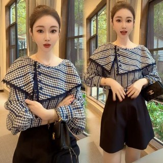 [318 Người Giao hàng trong vòng 7 giờ] Thiết kế kẻ sọc phong cách phương Tây thời trang kiểu Pháp Áo sơ mi dài tay có ve áo không đều 2025 Áo sang trọng mùa xuân