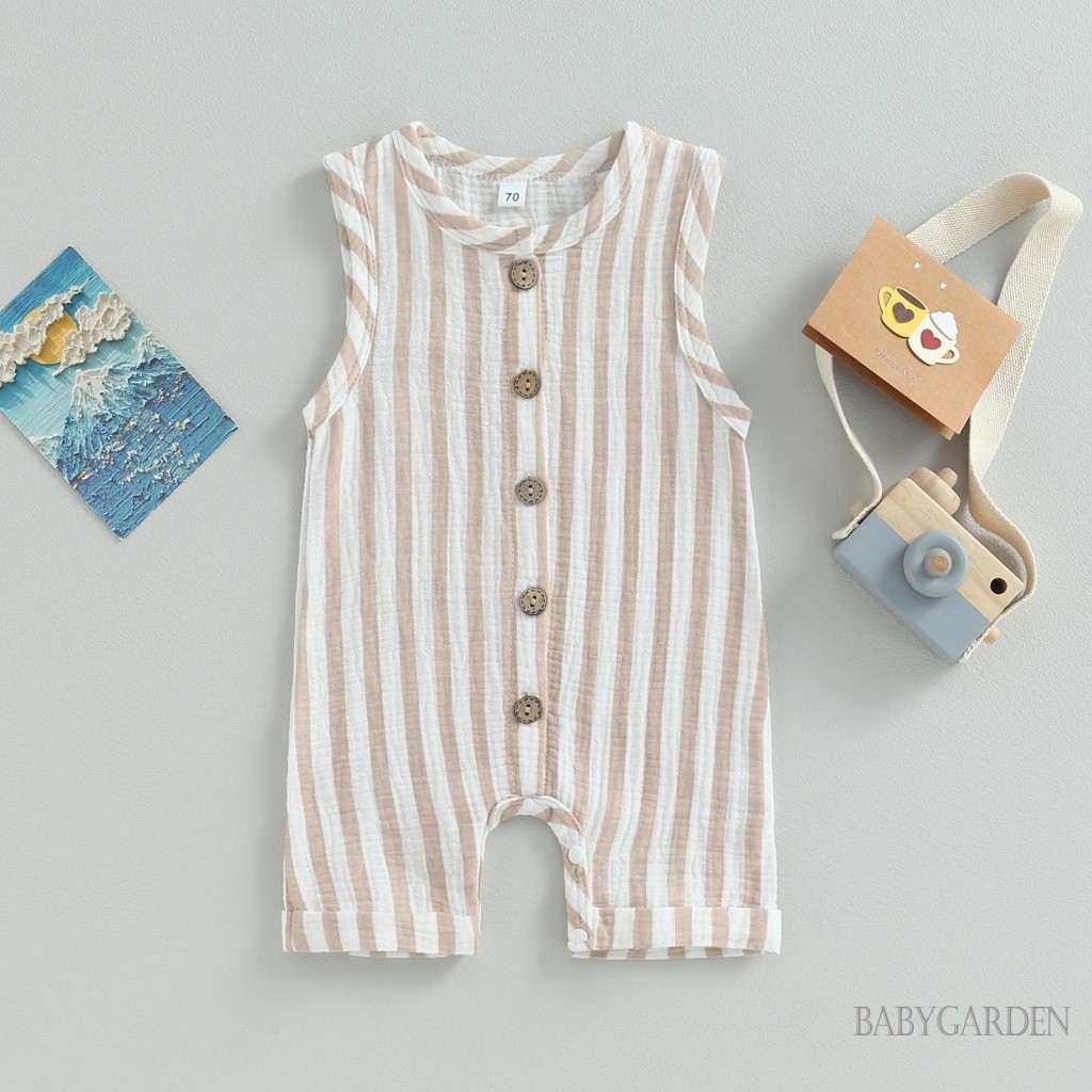 / / -Baby Bé Trai Bé Gái Áo Liền Quần Vải Lanh Cotton Nhẹ Thoáng Khí Không Tay Sọc Nút Ngắn Áo Liền Quần Trang Phục Mùa Hè Thu