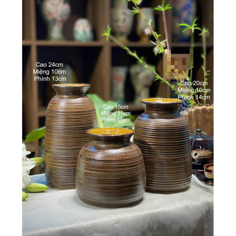 Bình cắm hoa gốm sứ Bát Tràng men mộc vai vuông vintage trang trí phòng khách đẹp