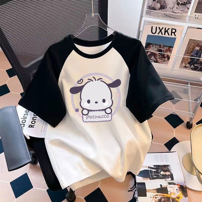 2025 Ngộ nghĩnh Pochacco Biểu Hiện In Raglan Tee Cho Trẻ Em Màu Khối Áo Thun Cotton Cho Bé Trai Và Bé Gái