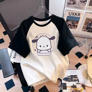2025 Ngộ nghĩnh Pochacco Biểu Hiện In Raglan Tee Cho Trẻ Em Màu Khối Áo Thun Cotton Cho Bé Trai Và Bé Gái